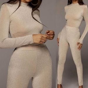 JLUXLABEL Champagne Shimmer Bodysuit + Leggings Set